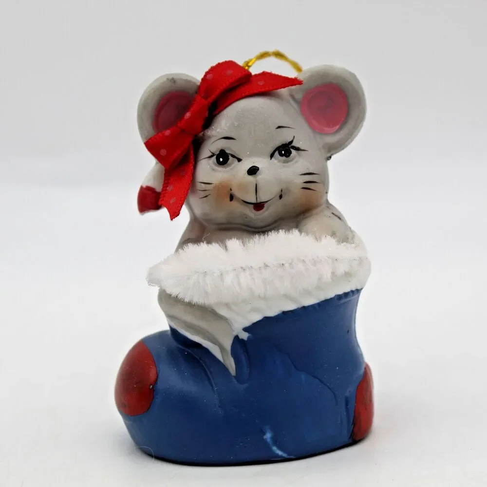 Holly Bells Porcelain Mouse Stocking Bell Ornament Vintage 1986 Original Box a